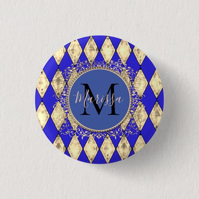 Royal Blue and Gold Glam Monogram  1 Inch Round Button (Front)
