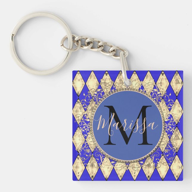 Royal Blue and Gold Glam Monogram  Keychain (Front)