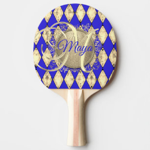 Royal Blue and Gold Glam Monogram Ping Pong Paddle