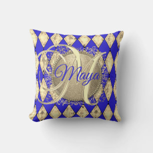 Royal Blue and Gold Glam Monogram Throw Pillow