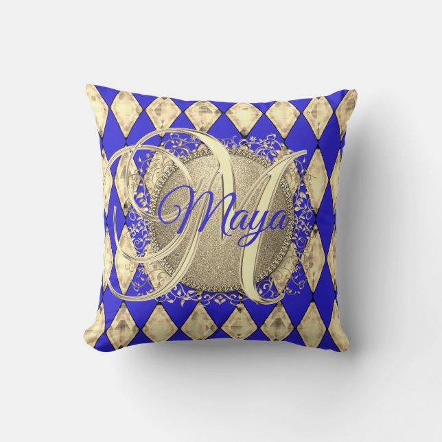 Royal Blue and Gold Glam Monogram Throw Pillow (Front)