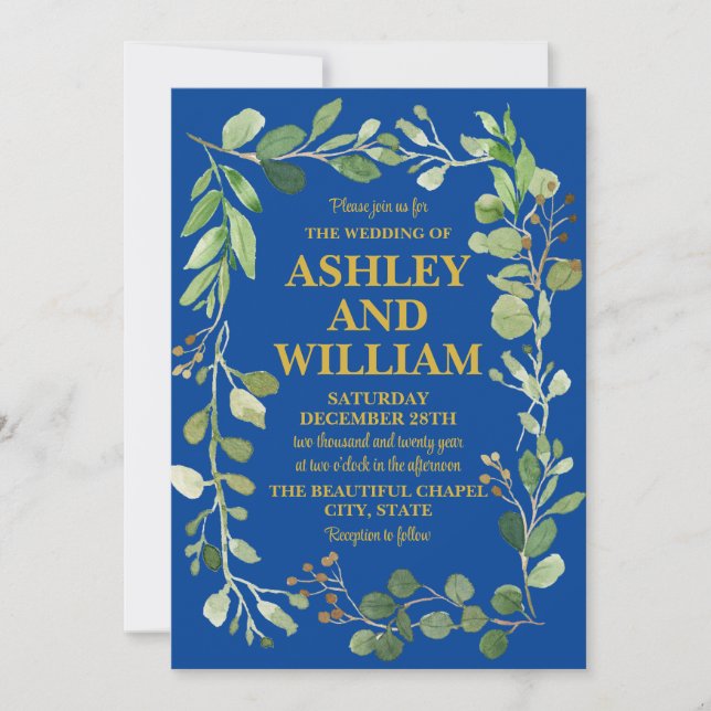 Royal Blue and Gold Greenery Boho Bohemian Wedding Invitation (Front)