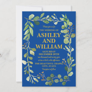 Royal Blue and Gold Greenery Boho Bohemian Wedding Invitation