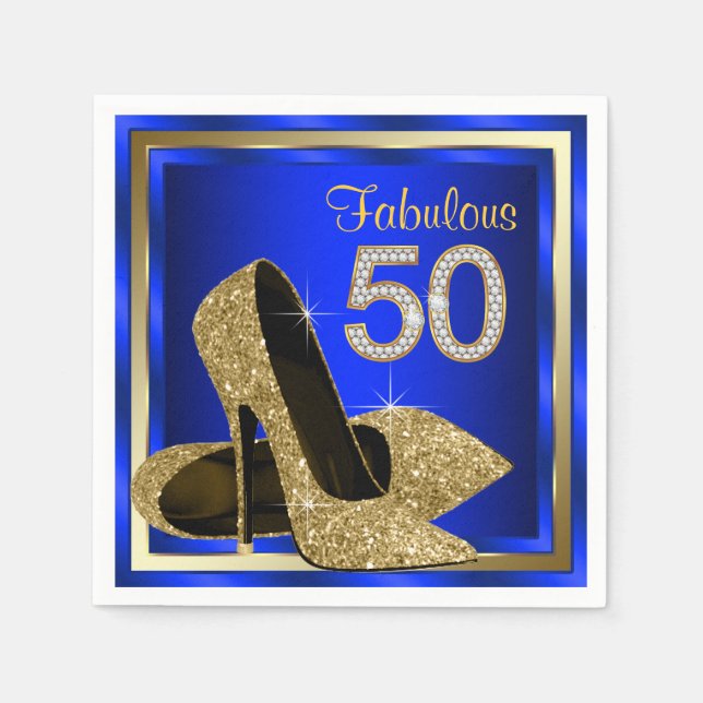 Royal Blue and Gold High Heel 50th Birthday Party Napkin (Front)