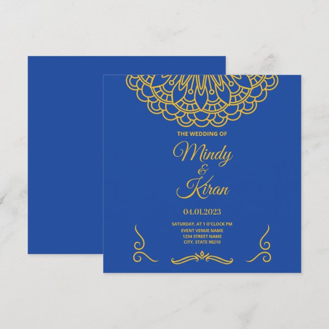 Royal Blue and Gold Indian Wedding Invitation (Front/Back)