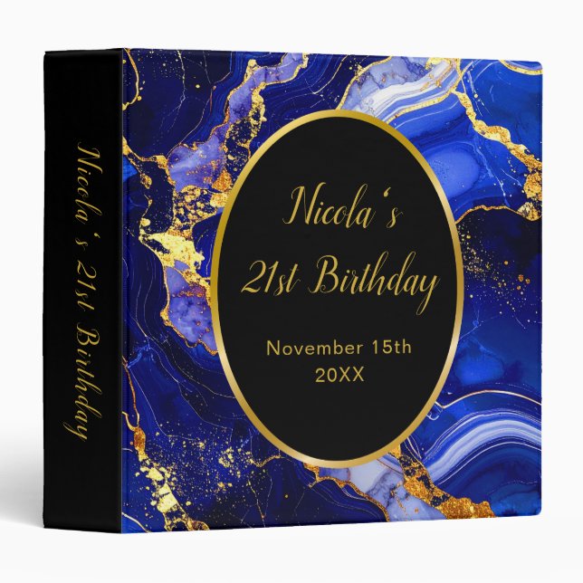 Royal Blue and Gold Marble Agate Birthday Party Binder (Front/Spine)