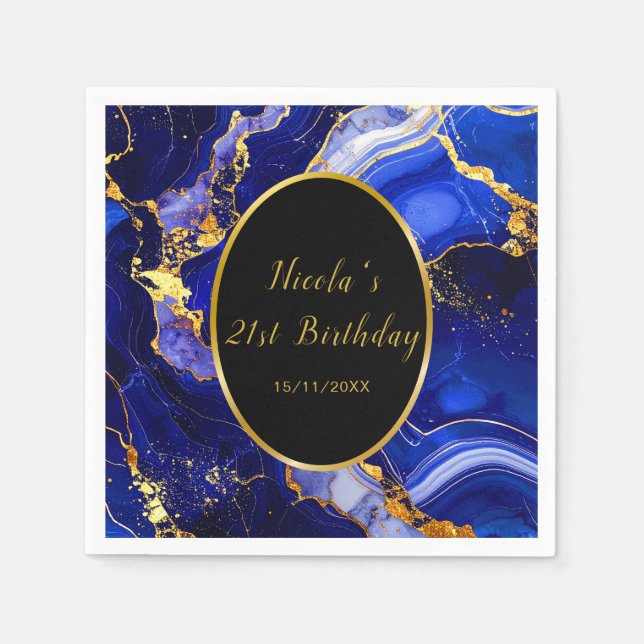 Royal Blue and Gold Marble Agate Birthday Party Napkin (Front)