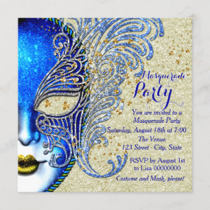 Royal Blue and Gold Masquerade Party Invitation