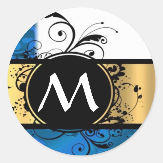 Royal blue and gold monogram classic round sticker (Front)