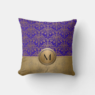 Royal Blue and Gold Monogram Damask Throw Pillow