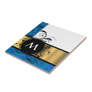 Royal blue and gold monogram tile