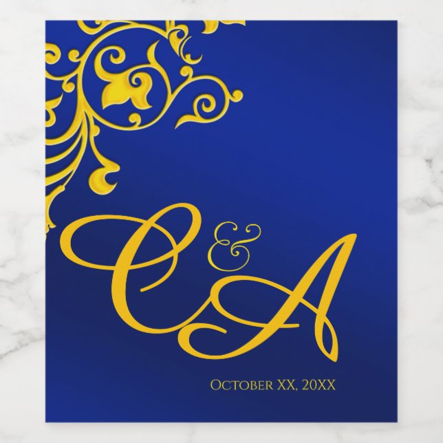 Royal Blue and Gold Monogrammed Wedding Wine Label (Single Label)