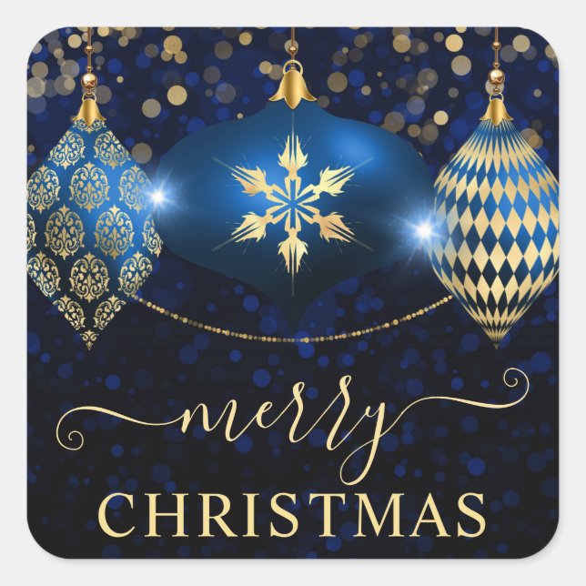 Royal Blue and Gold Ornaments Baubles Christmas Square Sticker (Front)