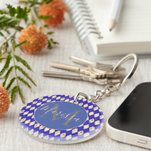Royal Blue and Gold Personalized Harlequin Keychain