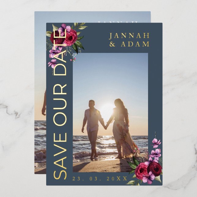 Royal Blue and Gold Photo Wedding Save Our Date (Front/Back)