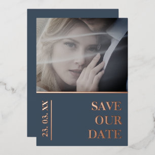 Royal Blue and Gold Photo Wedding Save the Date Foil Holiday Card