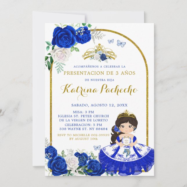 Royal Blue and Gold Presentación De Tres Años Invitation (Front)