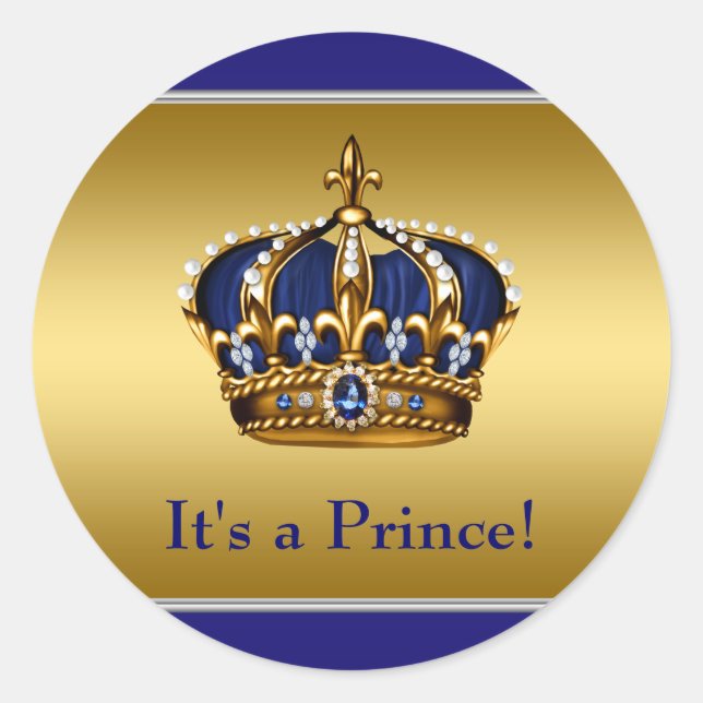 Royal Blue and Gold Prince Baby Shower Classic Round Sticker (Front)