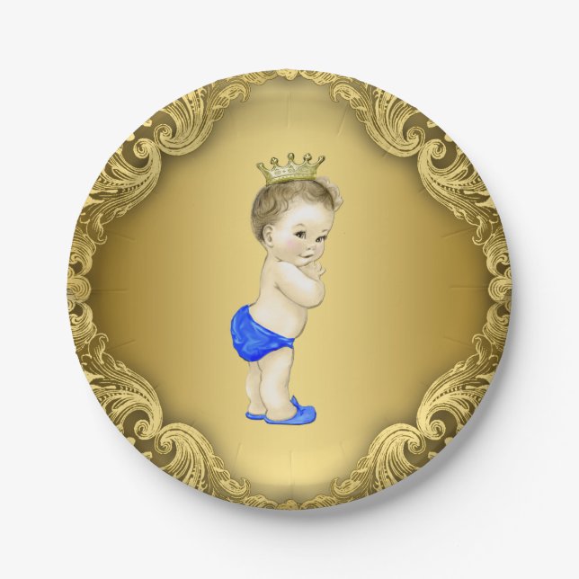 Royal Blue and Gold Prince Baby Shower Paper Plate (Front)