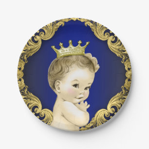 Royal Blue and Gold Prince Baby Shower Paper Plate