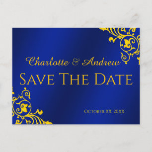 Royal Blue and Gold Save The Date Postcard