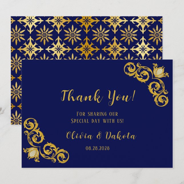 Royal Blue and Gold Wedding Thank You Cards (Front/Back)
