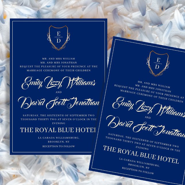 Royal Blue and Golden Classic Monogram Whimsical  Invitation (Creator Uploaded)