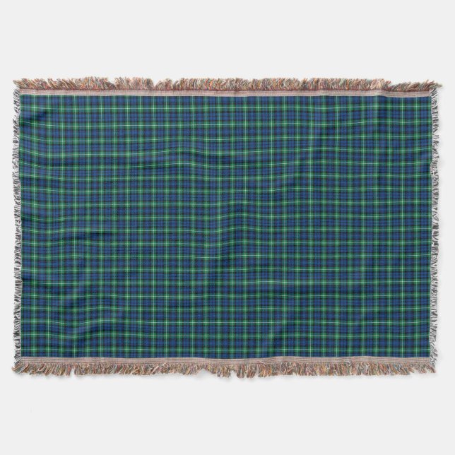 Royal Blue and Green Lamont Clan Scottish Plaid Throw Blanket (Front)