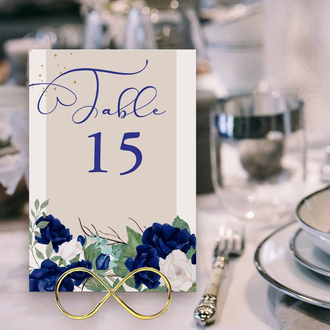 Royal Blue and Ivory Rose Elegant Floral Table Number (Table Number Card with elegant calligraphy and border of royal navy blue and ivory roses)