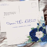Royal Blue and Ivory Rose Floral Save the Date Announcement Postcard<br><div class="desc">Floral Save the Date Postcard to customize for any occasion. The design has roses in royal blue navy and ivory with gold confetti, foliage and eucalyptus leaves. Save the date is hand lettered with love heart flourishes. The template is set up for you to add your special date and a...</div>