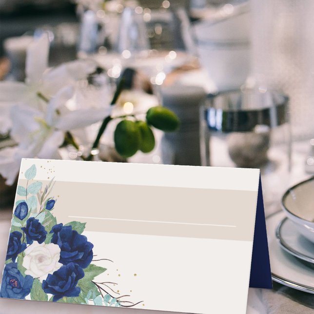 Royal Blue and Ivory Roses with Name Panel Place Card (Place Cards with blue and ivory roses)