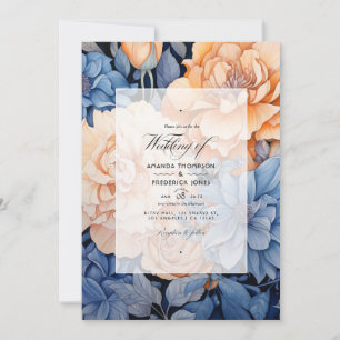 Royal Blue and Peach and Grey Floral Wedding Invitation