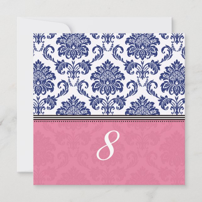 Royal Blue and Pink Damask Table Number (Front)