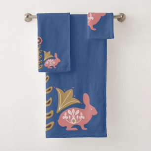 Royal  Blue and Scandinavian Rabbit Bath Towel Set