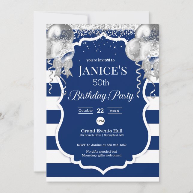 Royal Blue and Silver Balloons Invitation d'annive (Devant)