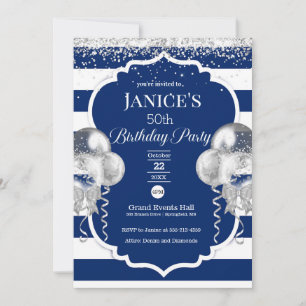 Royal Blue and Silver Balloons Invitation d'annive