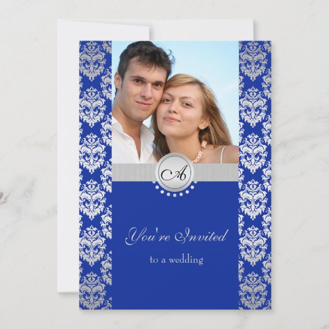 Royal Blue and Silver Damask Wedding invites (Front)