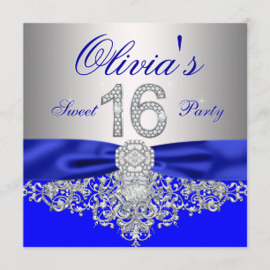 Royal Blue and Silver Diamond Sweet 16 Party Invitation