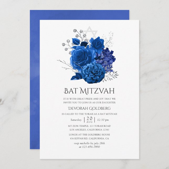 Royal Blue and Silver Floral Bat Mitzvah Invitation (Front/Back)