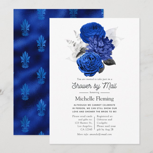 Royal Blue and Silver Floral Bridal Shower by Mail Invitation (Front/Back)