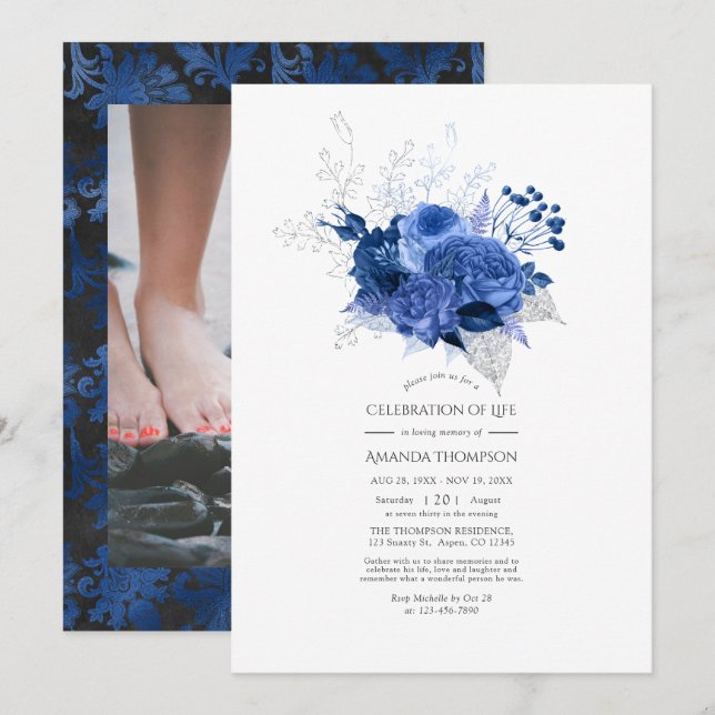Royal Blue and Silver Floral Celebration of Life Invitation (Front/Back)