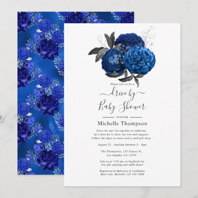 Royal Blue and Silver Floral Drive By Shower Invitation (Front/Back)
