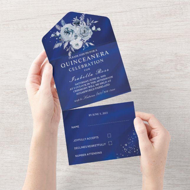 Royal Blue and Silver Floral Quinceañera All In One Invitation (Tearaway)