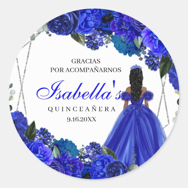 Royal Blue and Silver Floral Quinceanera Classic R Classic Round Sticker (Front)