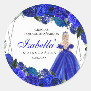 Royal Blue and Silver Floral Quinceanera Classic R Classic Round Sticker