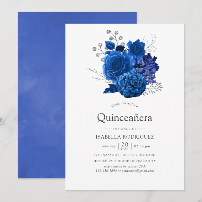 Royal Blue and Silver Floral Quinceañera Invitation (Front/Back)