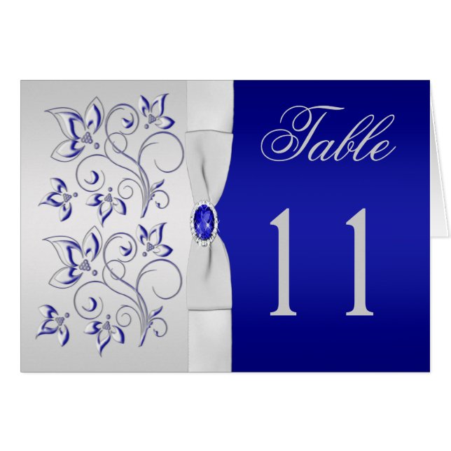 Royal Blue and Silver Floral Table Number Card (Front Horizontal)