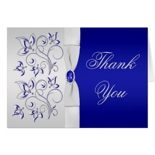 Royal Blue and Silver Floral Thank You Card