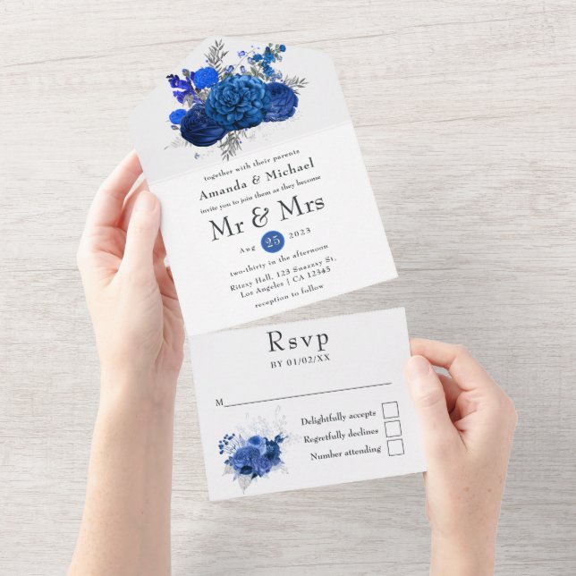 Royal Blue and Silver Floral Wedding All In One Invitation (Tearaway)