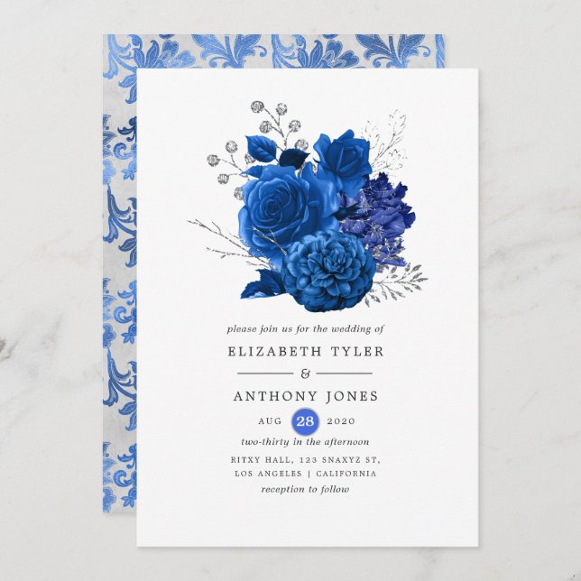 Royal Blue and Silver Floral Wedding Invitation (Front/Back)